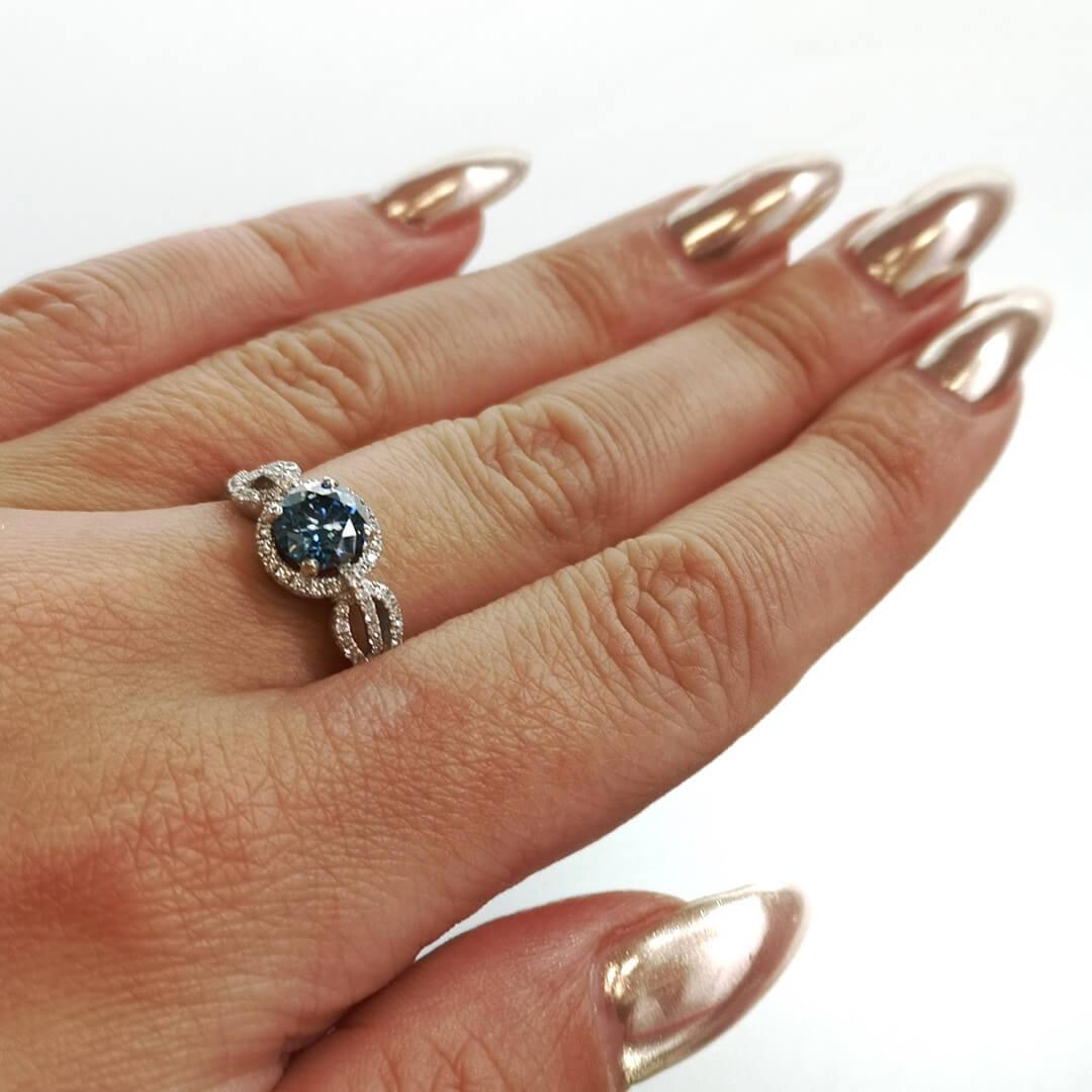 Blue Moissanite & Diamonds 18K White Gold Ring