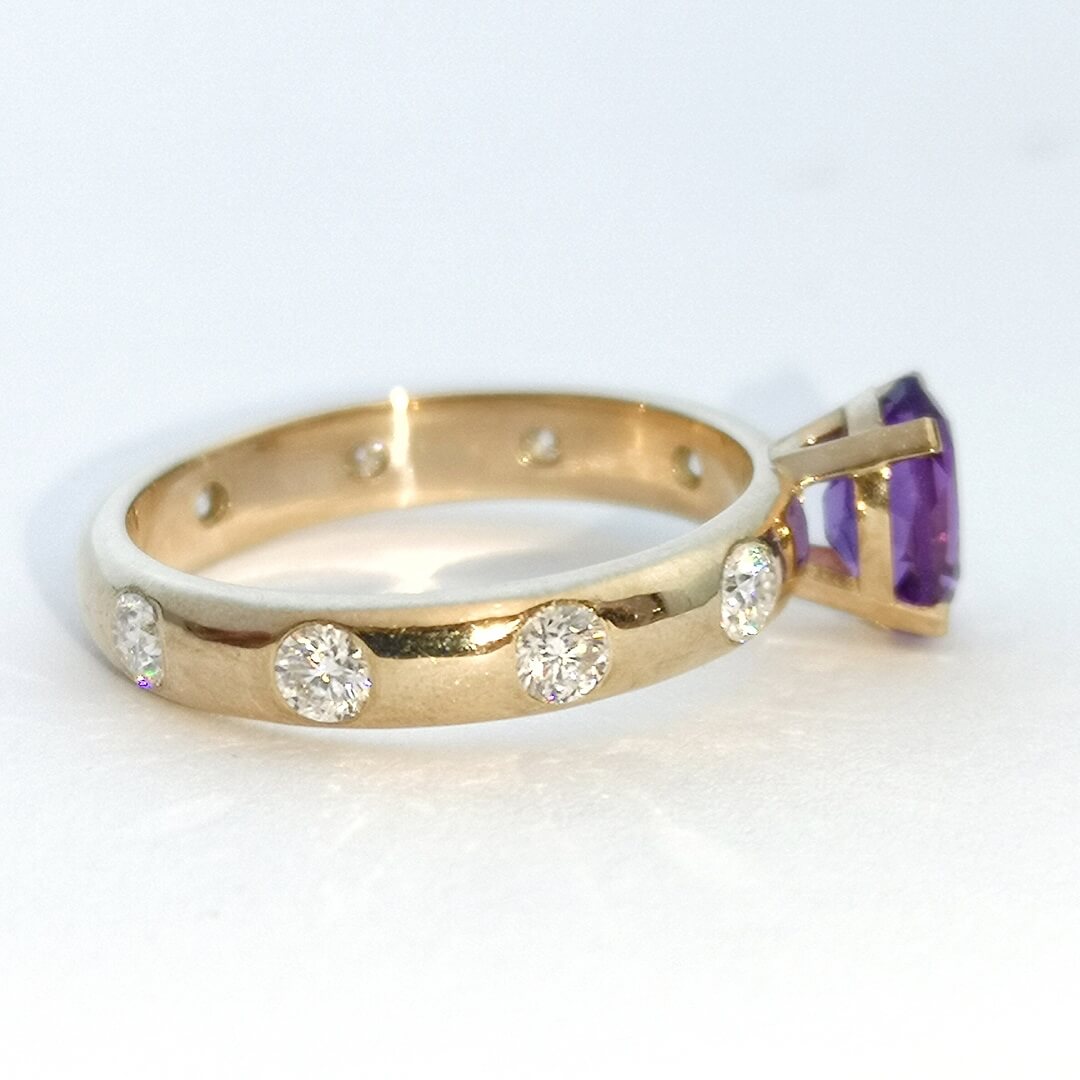Amethyst and Moissanites Engagement Gold Ring - SOPHYGEMS