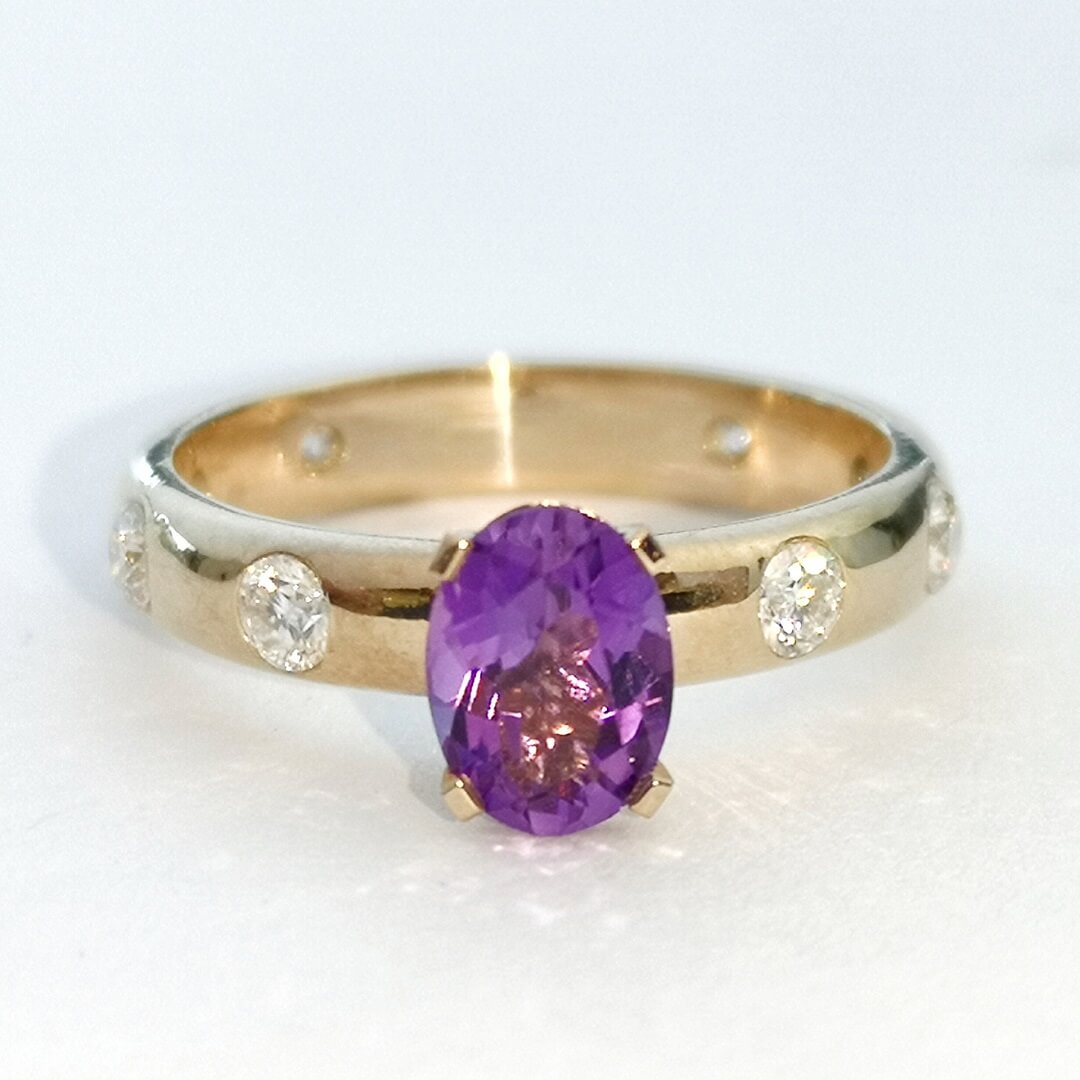 Amethyst and Moissanites Engagement Gold Ring - SOPHYGEMS