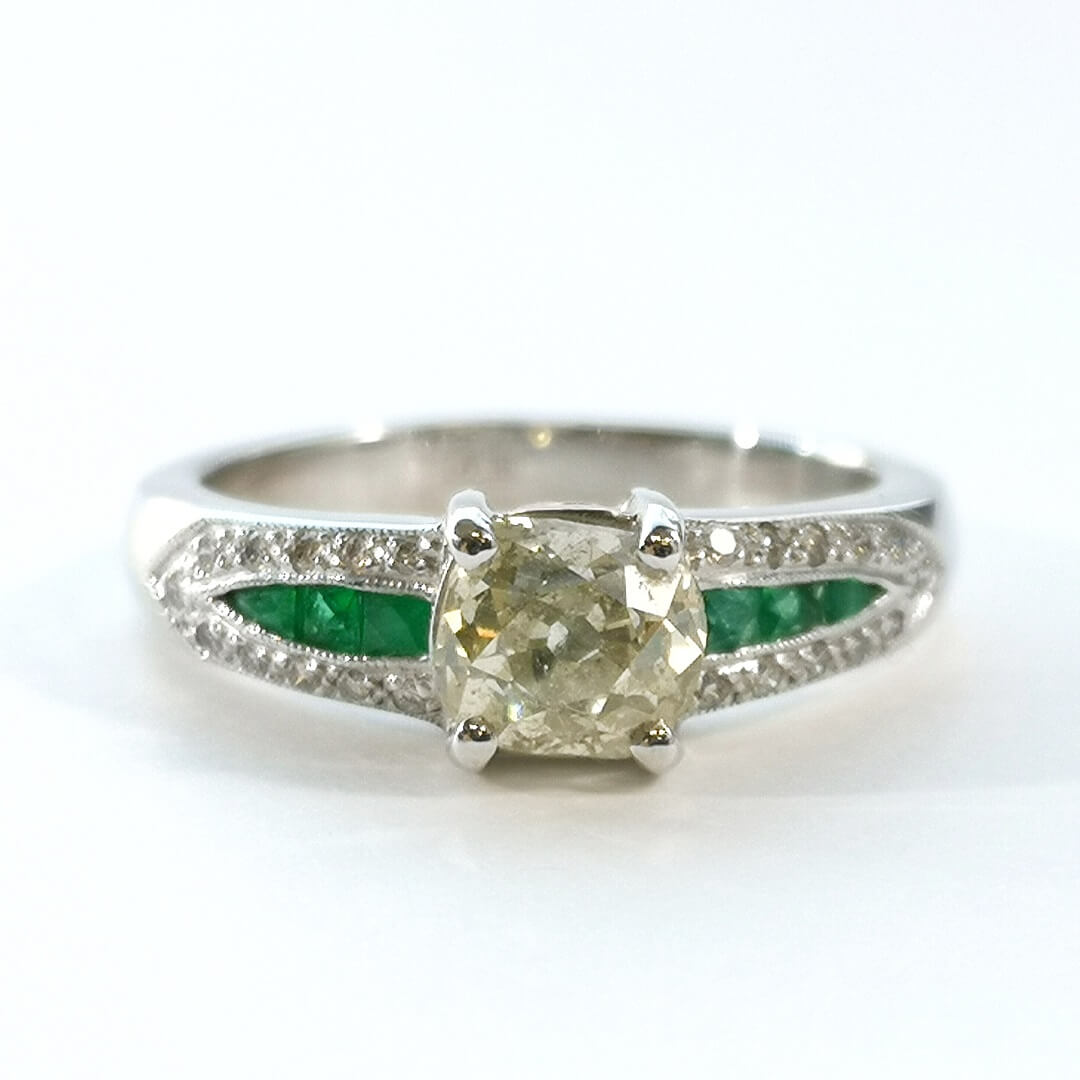 Antique Diamond & Emeralds 18K White Gold Ring - SOPHYGEMS