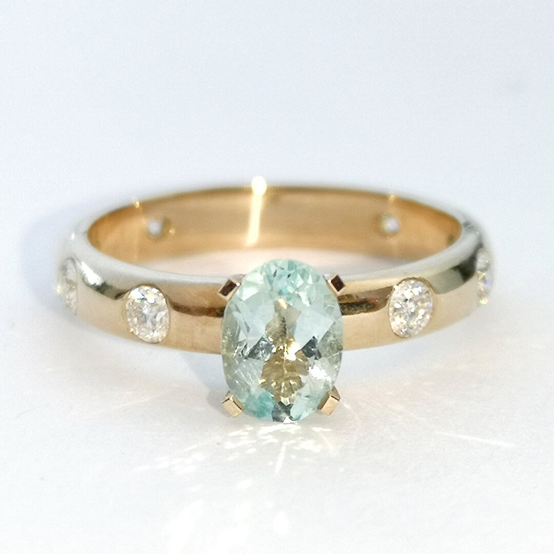 Aquamarine and Moissanites Engagement Gold Ring - SOPHYGEMS