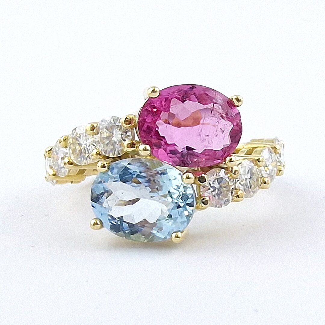 Aquamarine Tourmaline Moissanites 14K Gold Ring - SOPHYGEMS