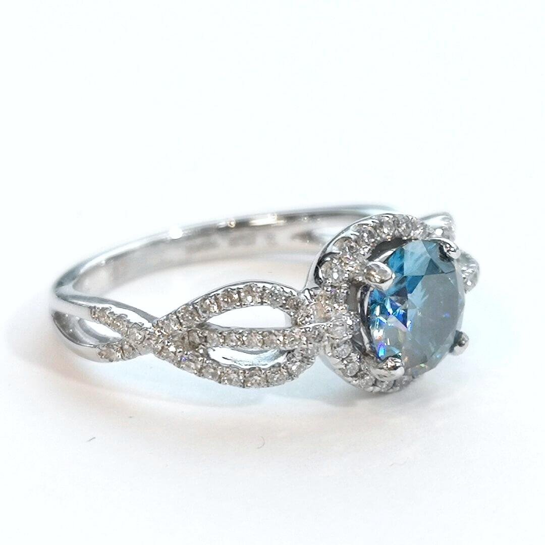 Blue Moissanite & Diamonds 18K White Gold Ring - SOPHYGEMS