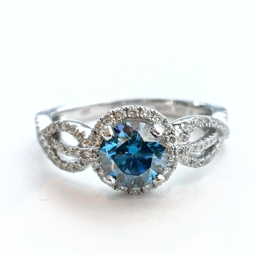 Blue Moissanite & Diamonds 18K White Gold Ring - SOPHYGEMS
