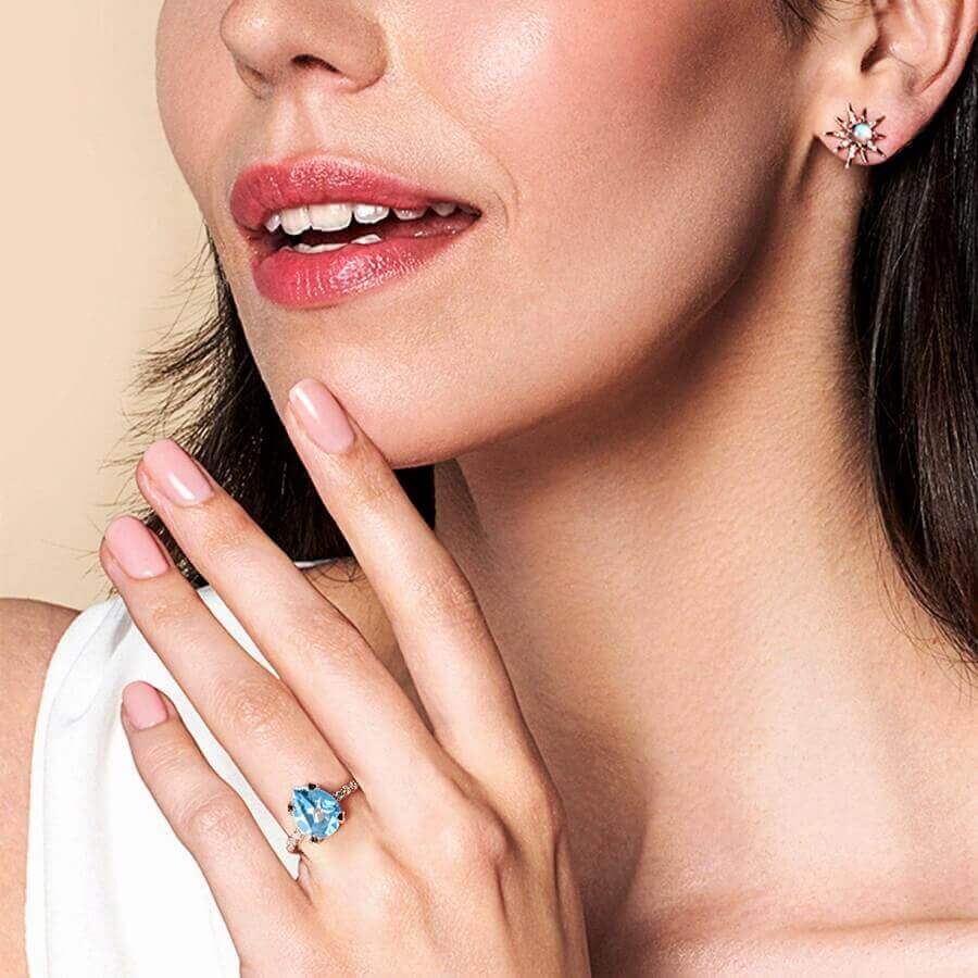 Blue Topaz & Moissanite Ring 14K Yellow Gold Vermeil - SOPHYGEMS