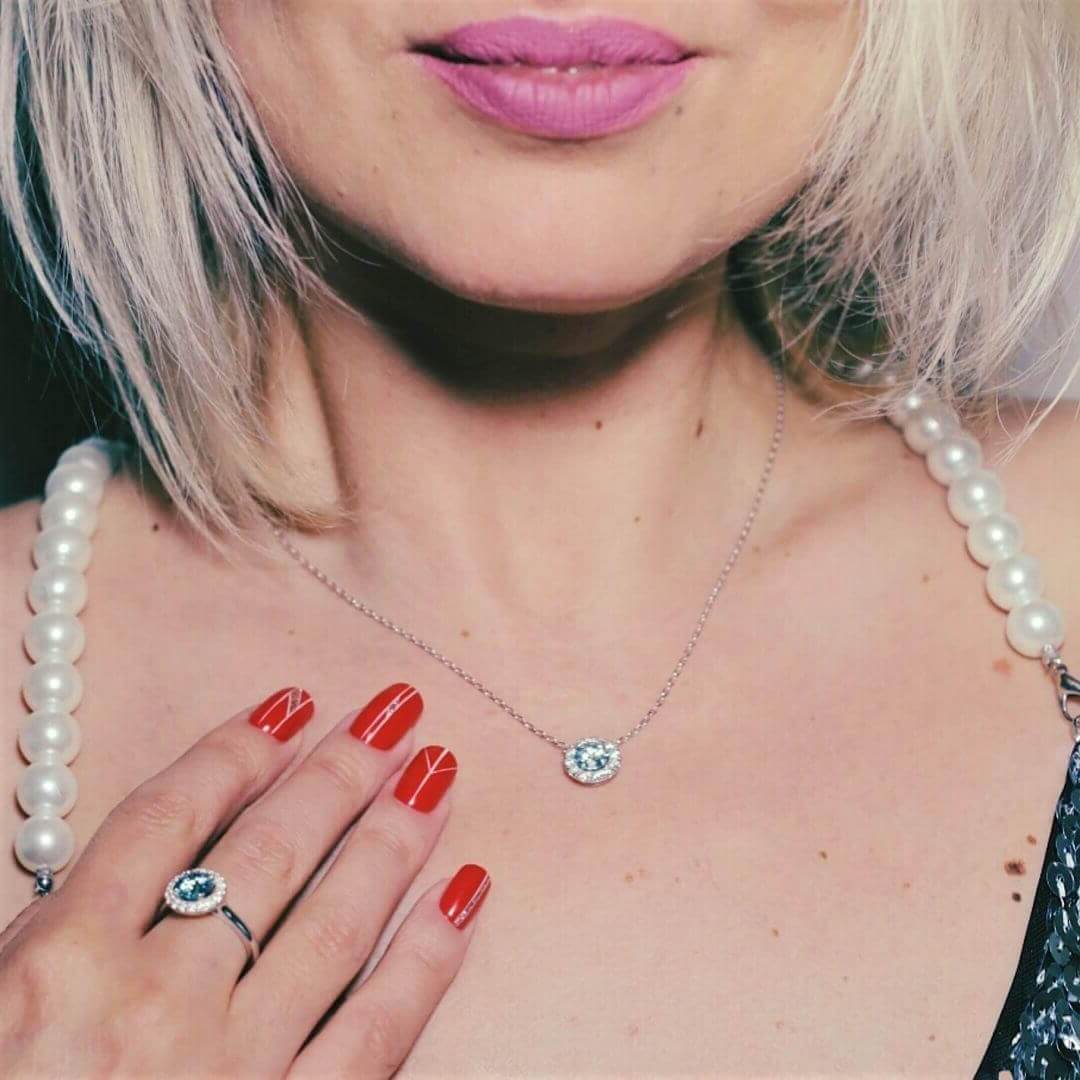 Blue & White Moissanite Halo Ring Silver Platinum Plated - SOPHYGEMS