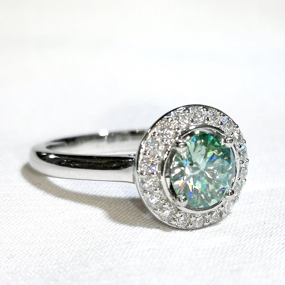 Blue & White Moissanite Halo Ring Silver Platinum Plated - SOPHYGEMS