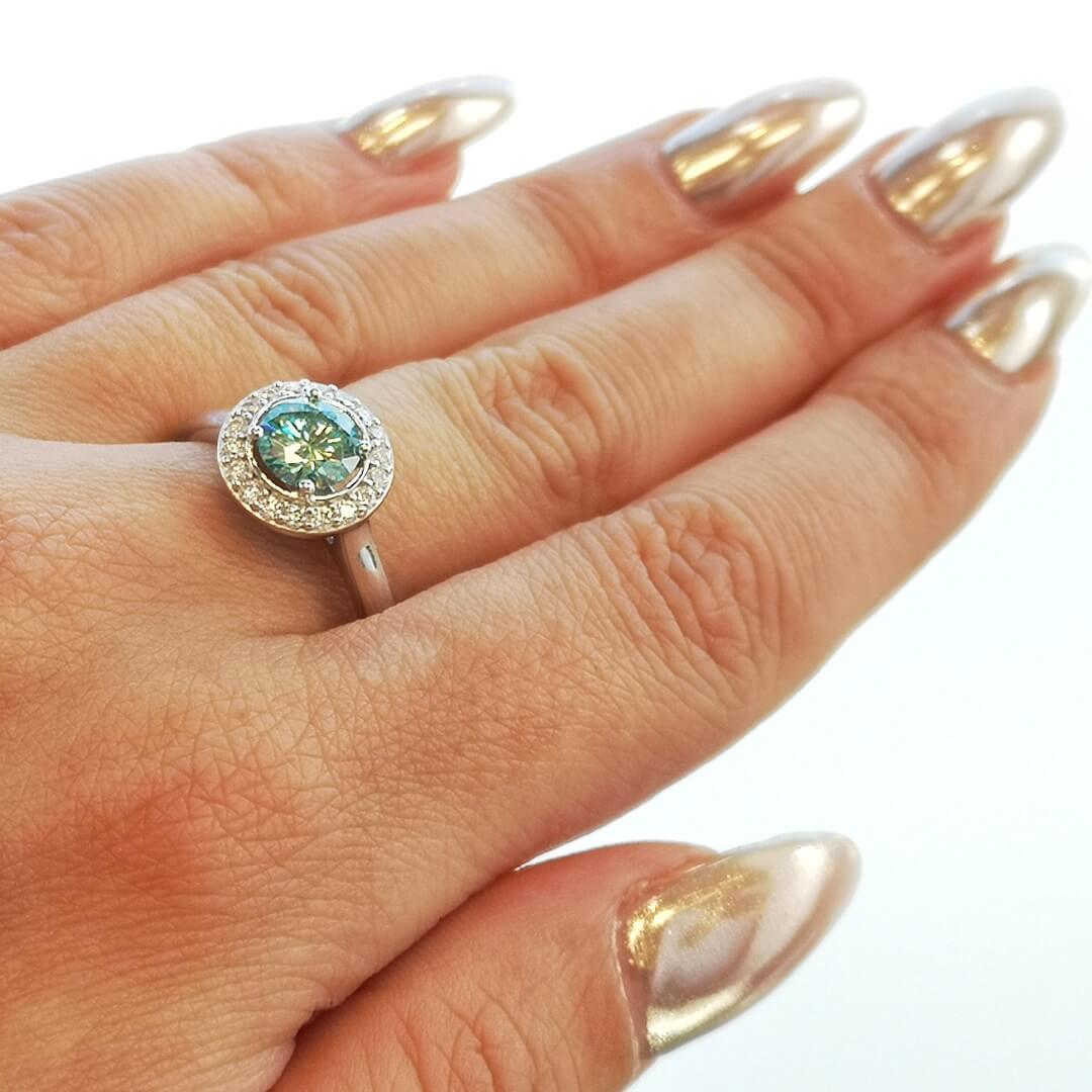 Blue & White Moissanite Halo Ring Silver Platinum Plated - SOPHYGEMS