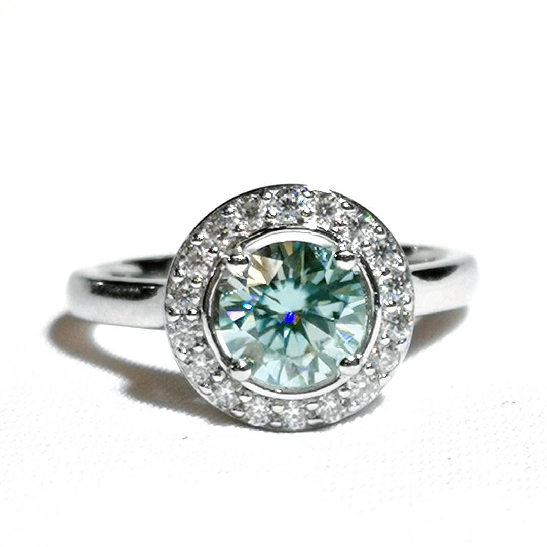 Blue & White Moissanite Halo Ring Silver Platinum Plated - SOPHYGEMS