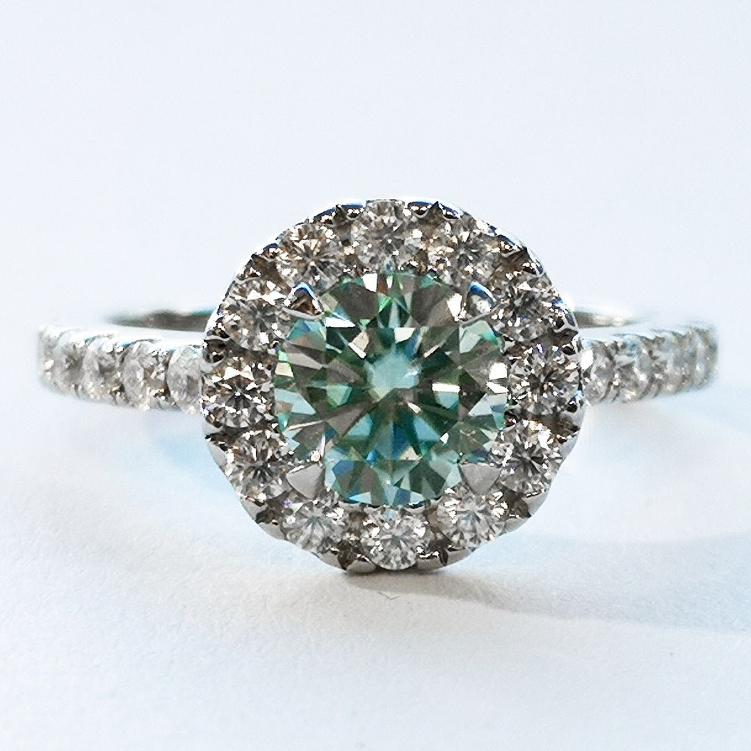 Blue & White Moissanites Halo Ring Platinum Sterling Silver - SOPHYGEMS