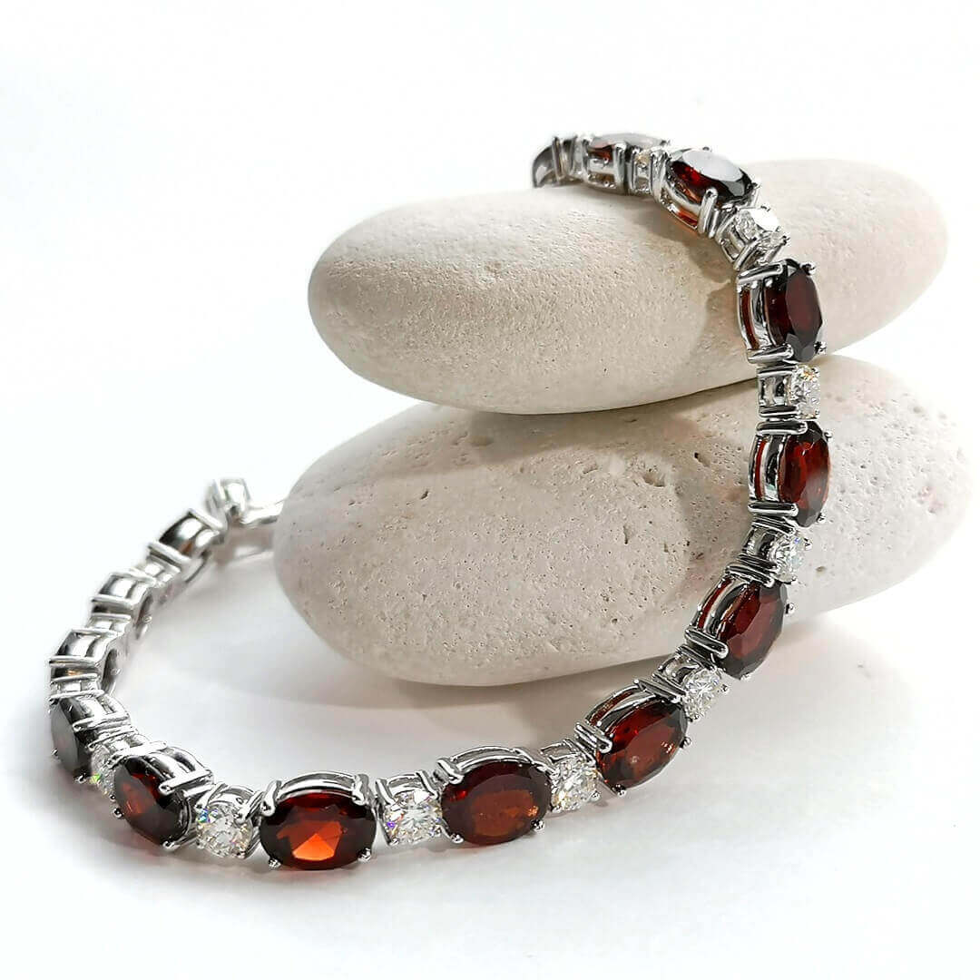 Garnet Oval & Moissanite 925 Silver Tennis Bracelet - SOPHYGEMS