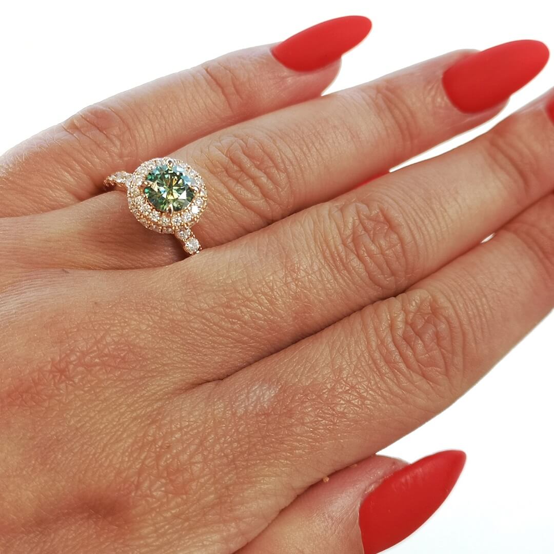 Green and White Moissanite Halo Ring 14K Gold Vermeil - SOPHYGEMS