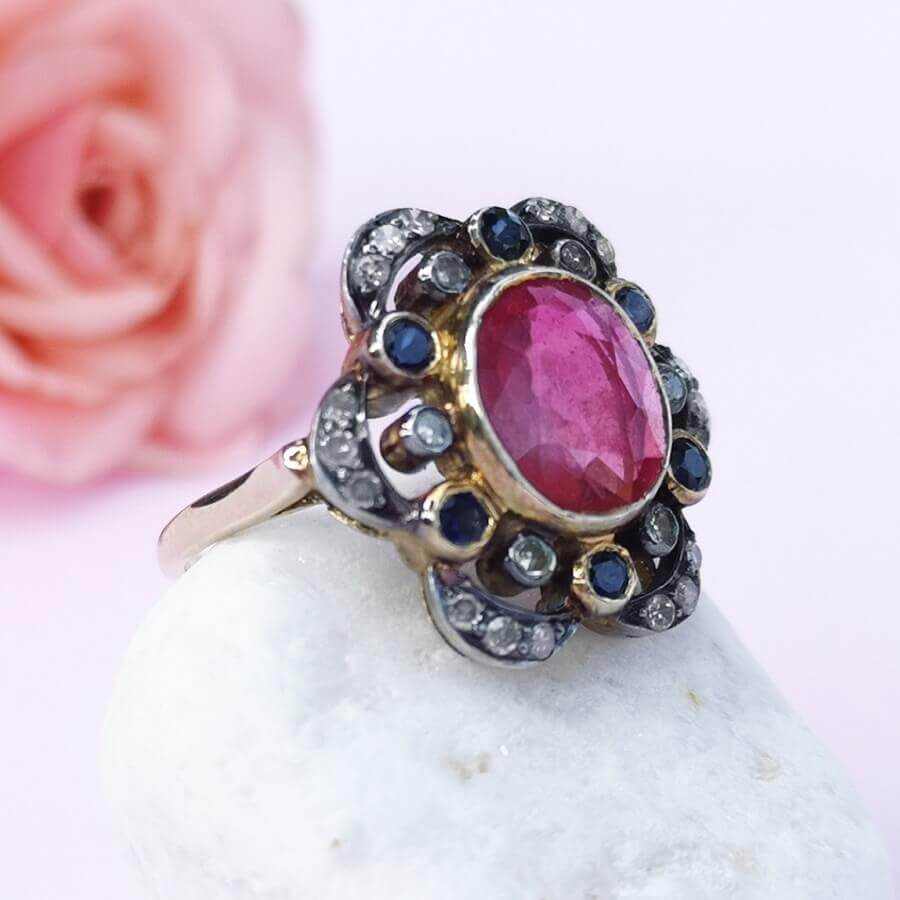 Ruby Sapphire Diamonds Gold Ring Vintage Style - SOPHYGEMS