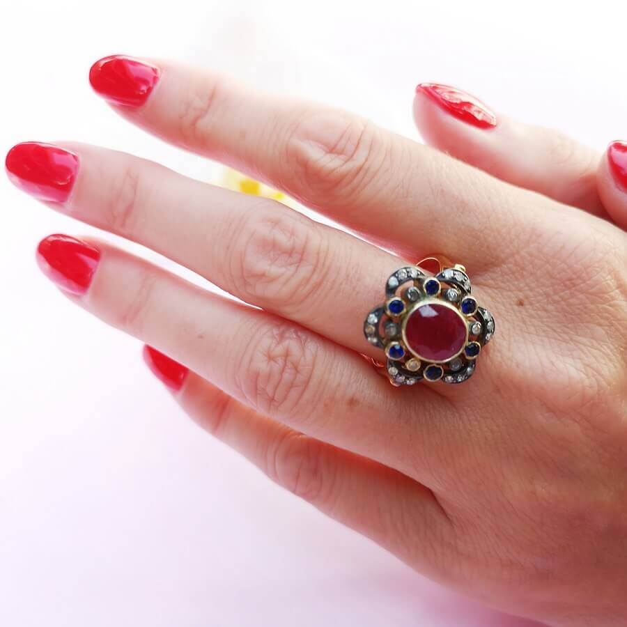 Ruby Sapphire Diamonds Gold Ring Vintage Style - SOPHYGEMS