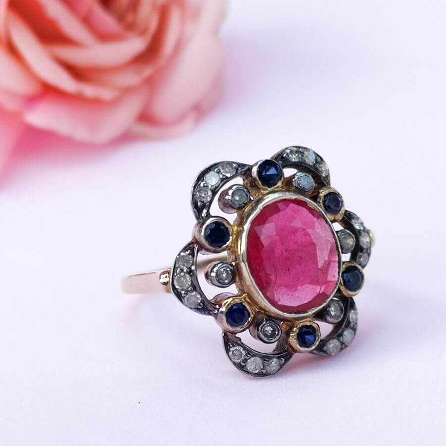 Ruby Sapphire Diamonds Gold Ring Vintage Style - SOPHYGEMS