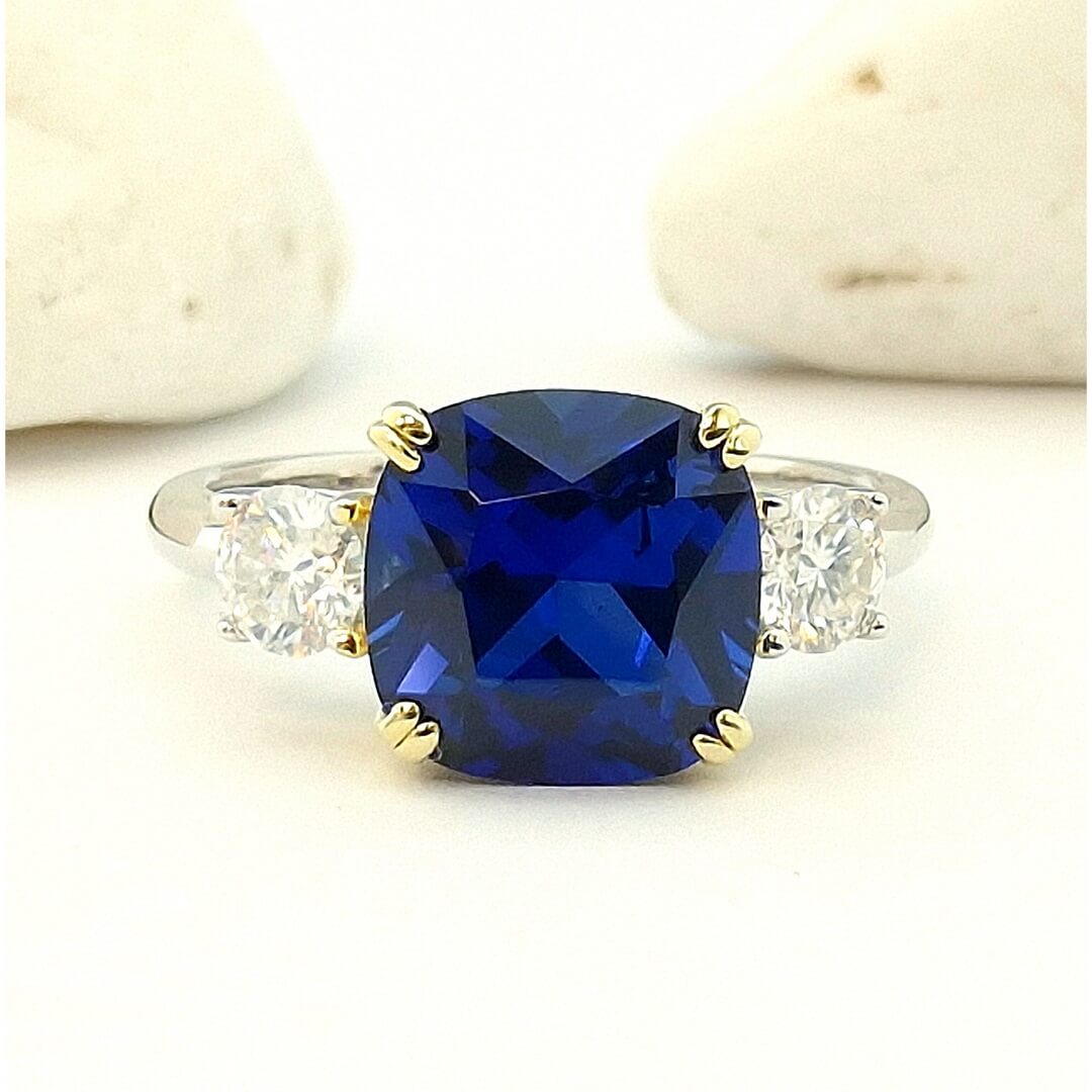 Lab Sapphire & Moissanite Silver Ring Earrings