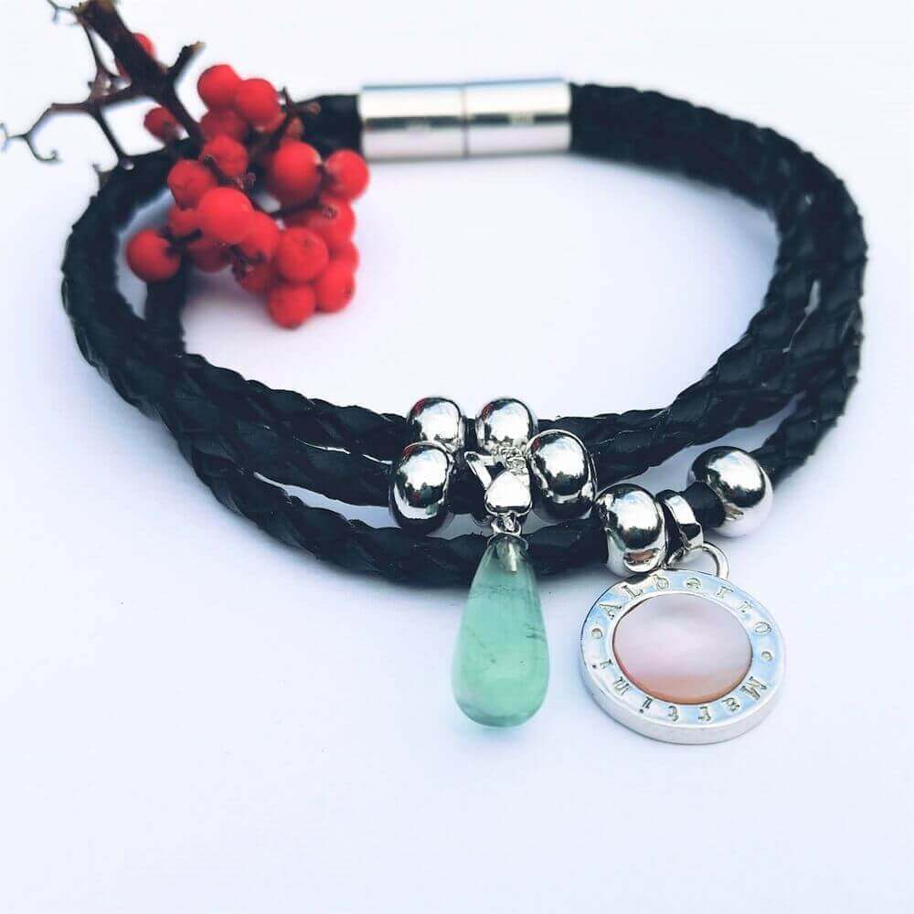 Black Leather Bracelet Green Chalcedony - SOPHYGEMS