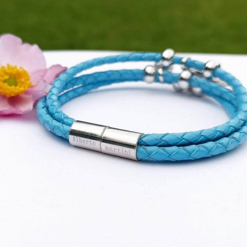 Blue Leather Bracelet Silver 925 Natural mother-of-pearl - SOPHYGEMS