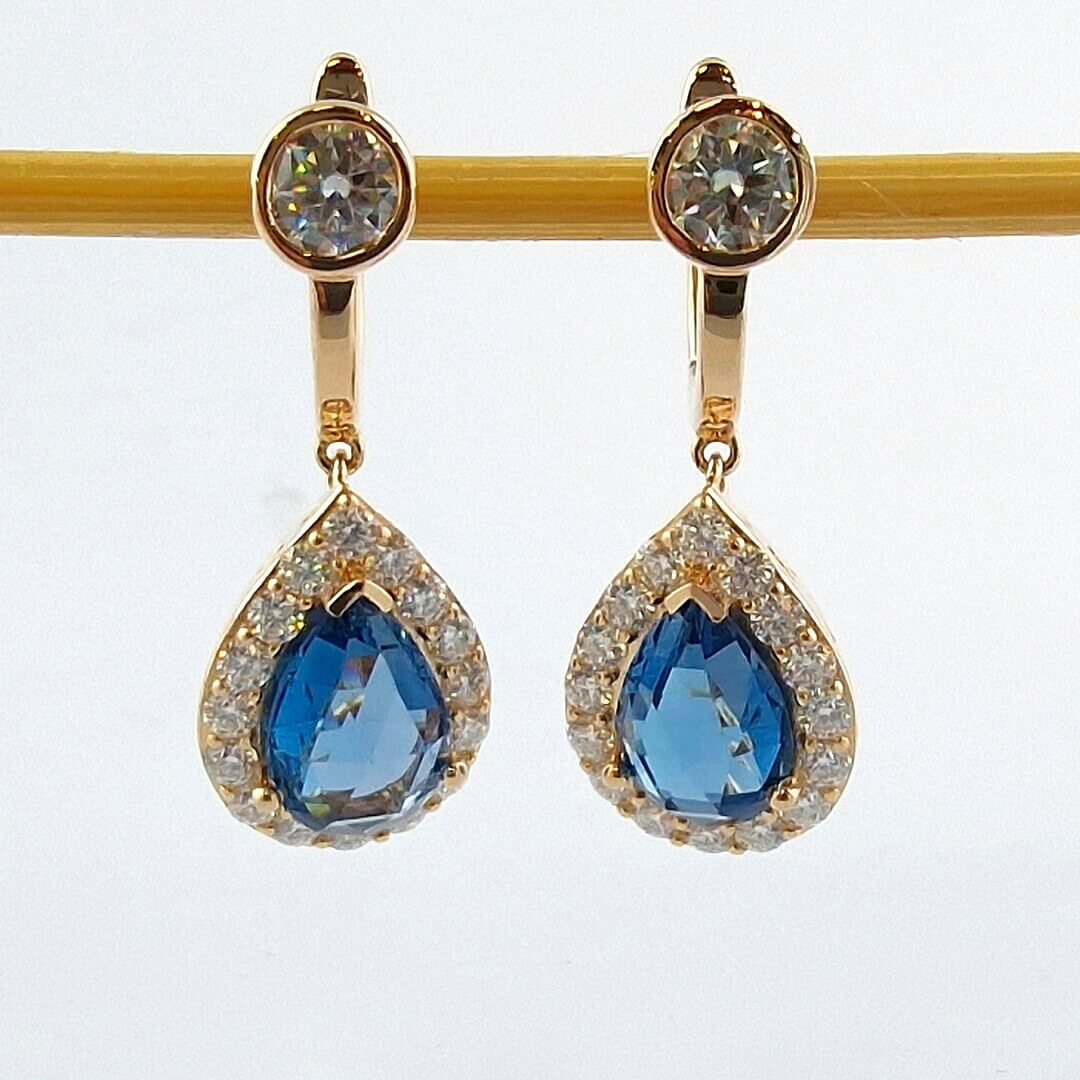 Blue Topaz & Moissanite Earrings 14K Gold-plated Silver 925 - SOPHYGEMS