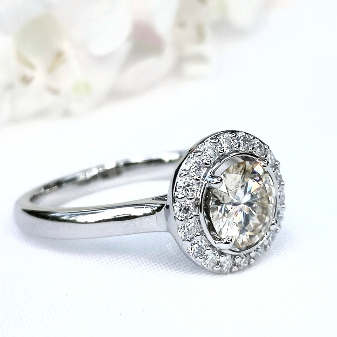 Champagne Moissanite Halo Ring Silver 925 Platinum Plated - SOPHYGEMS