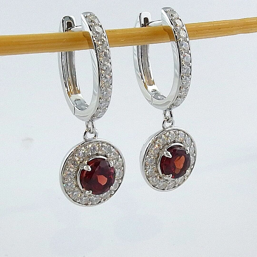 Garnet & Moissanite Earrings 925 Silver Platinum-plated - SOPHYGEMS