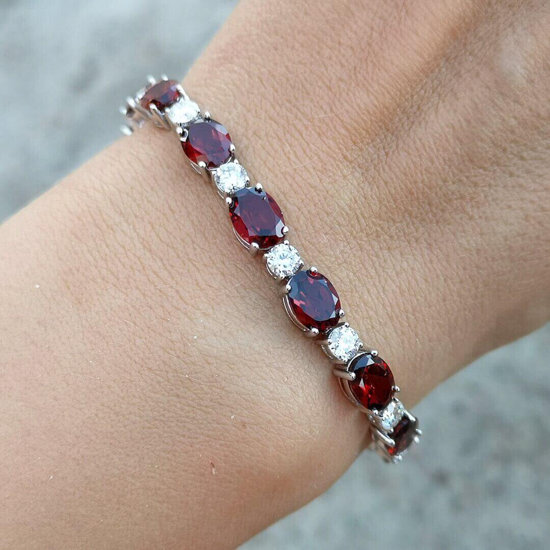 Garnet Oval & Moissanite 925 Silver Tennis Bracelet - SOPHYGEMS