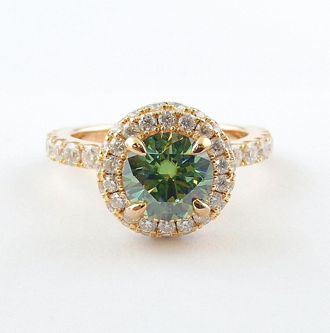 Green and White Moissanite Halo Ring 14K Gold Vermeil - SOPHYGEMS