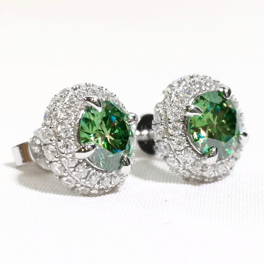 Green and White Moissanites Halo Earrings Platinum Plated Silver - SOPHYGEMS