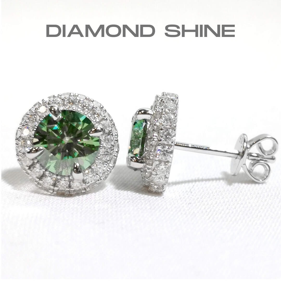 Green and White Moissanites Halo Earrings Sterling Silver - SOPHYGEMS