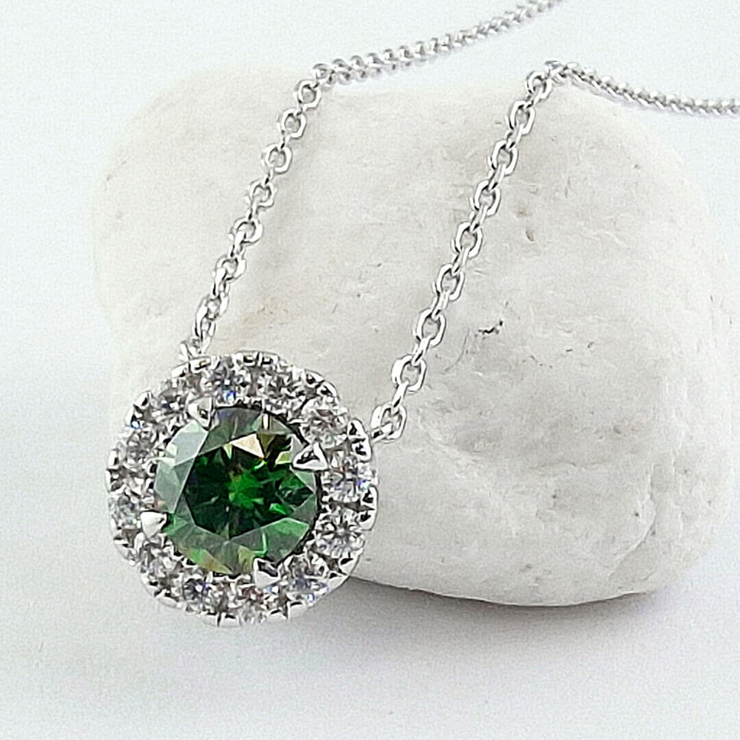 Green Moissanite Sterling Silver Halo Pendant - SOPHYGEMS