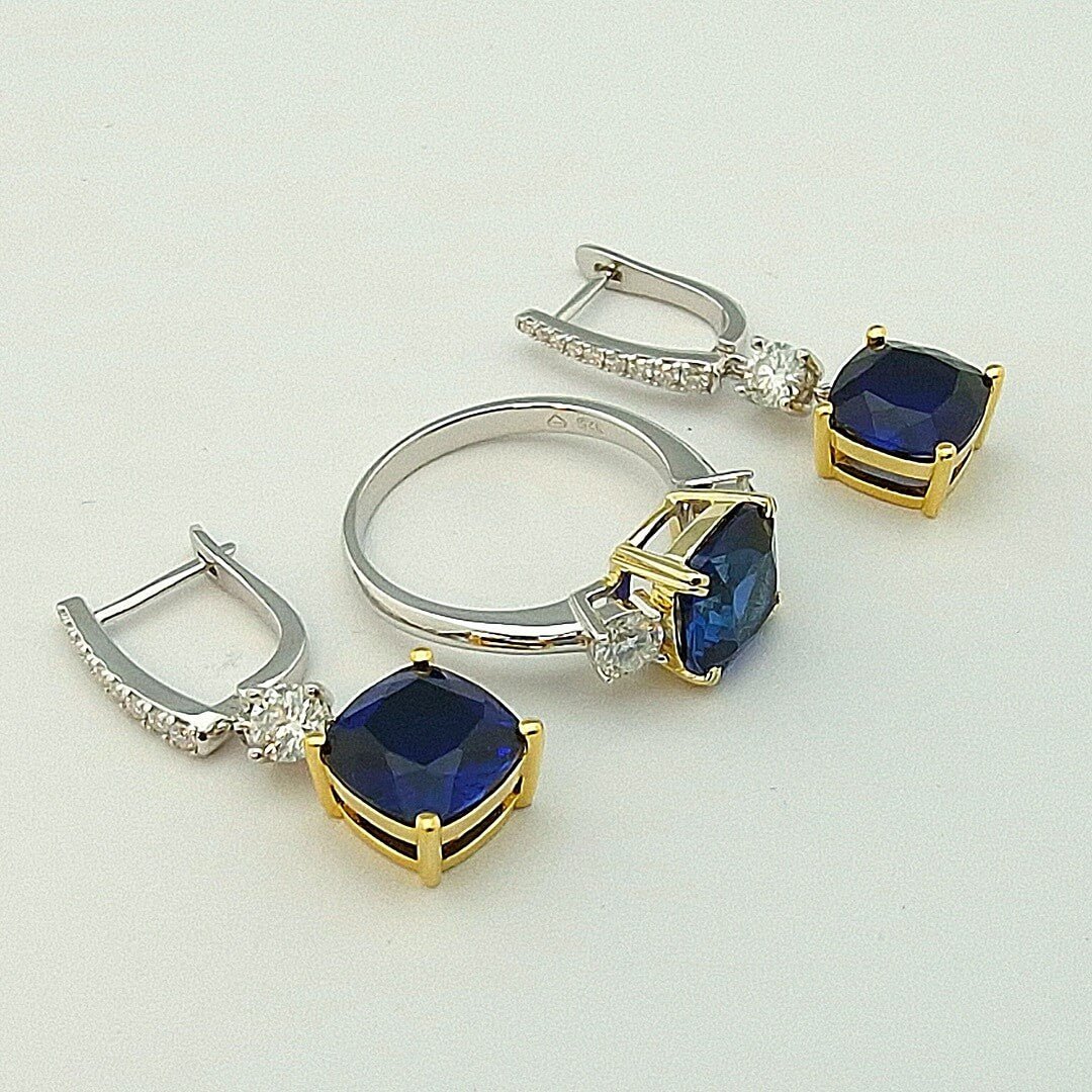 Lab Sapphire & Moissanite Silver Ring Earrings - SOPHYGEMS