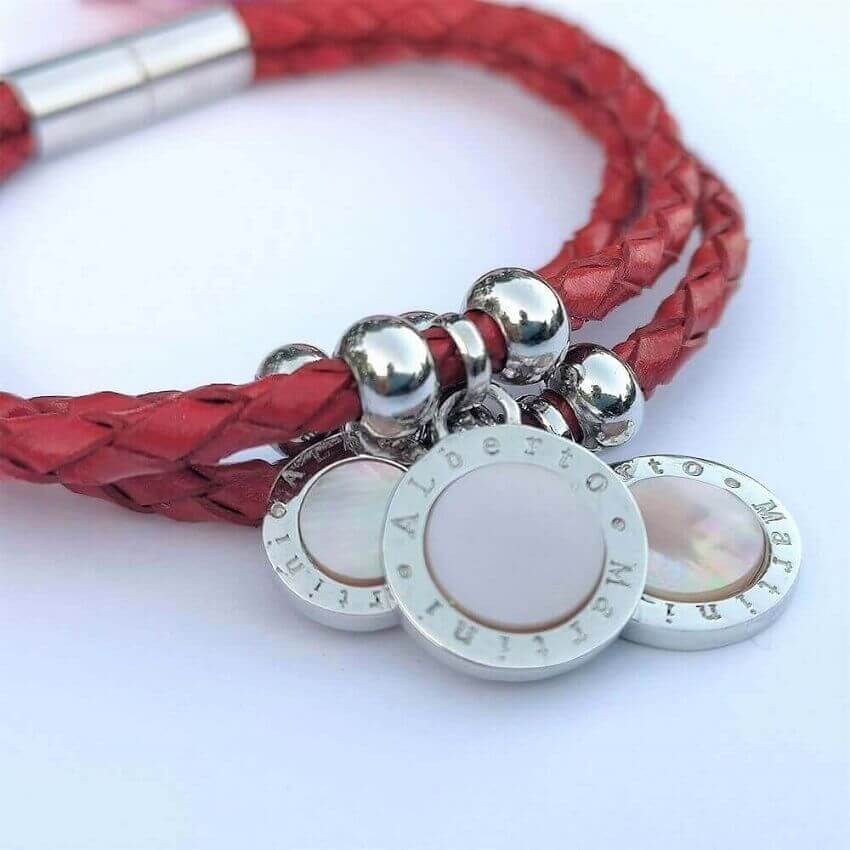 Red Leather Bracelet Silver and Natural mother-of-pearl - SOPHYGEMS