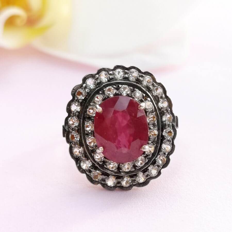 Ruby Gold Ring with White Topaz - SOPHYGEMS