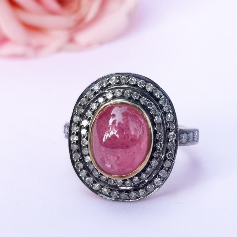 Ruby Kabachon and Diamonds Gold Ring - SOPHYGEMS